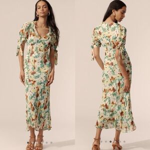 By Anthropologie Short Sleeve V-Neck Slip Floral Midi Dress